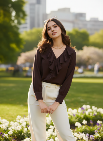 Women's Coffee Polyester Plain Regular Full sleeve Shirt