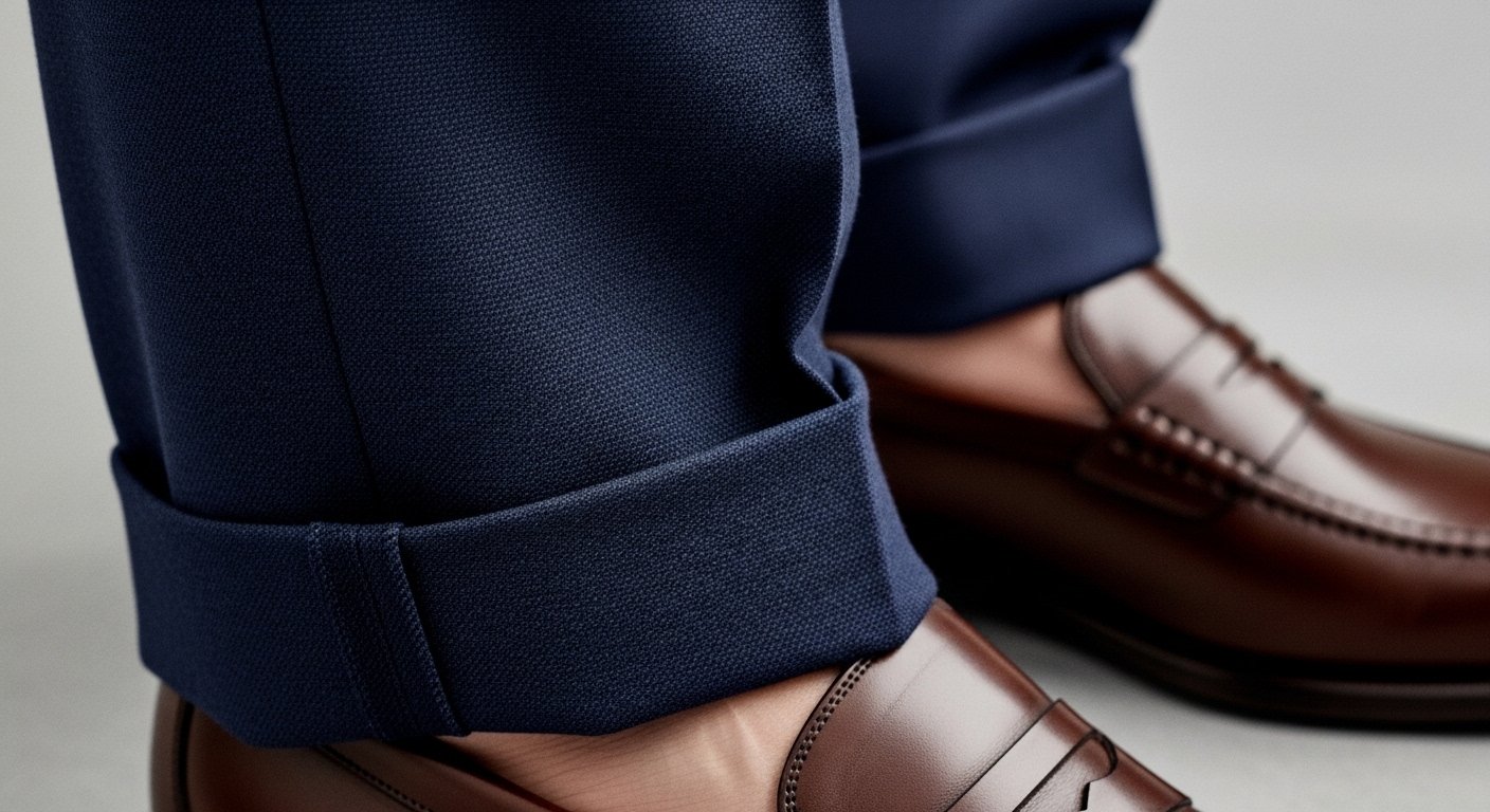 Cuffed navy trousers paired with dark brown leather loafers for 2026 style