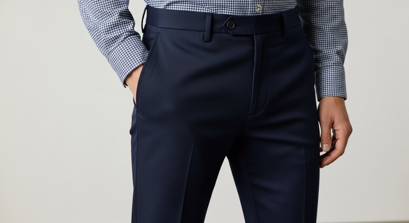 Close up of navy blue trousers with a perfect slim fit silhouette